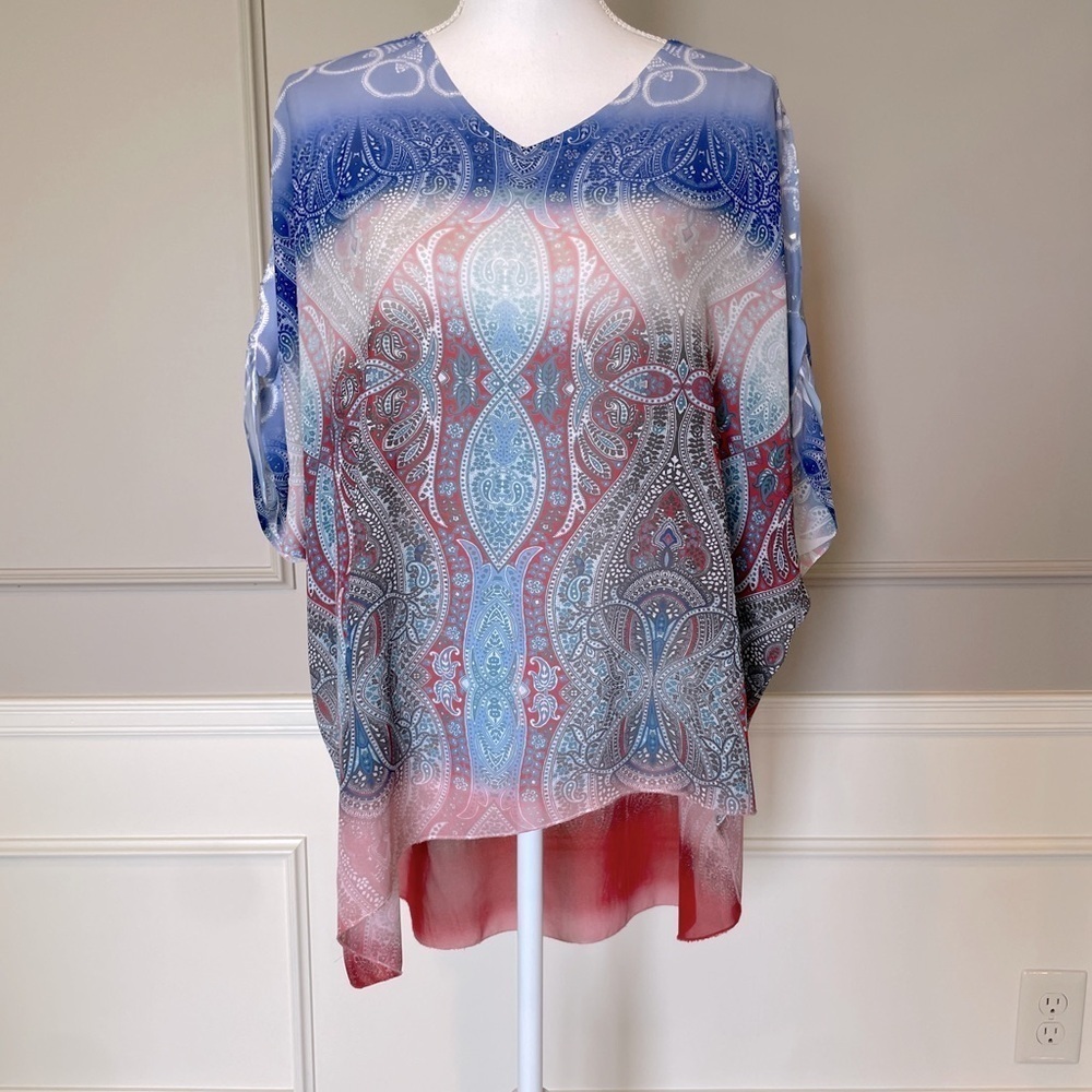 Jess & Jane Small popover top red white blue patriotic topper sheer lightweight